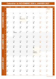 Calendrier pour les mois de Novembre 2026 à Janvier 2027 portrait 1
