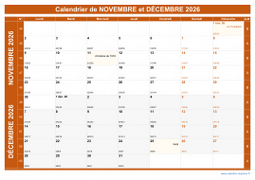 Calendrier pour les mois de Novembre et Décembre 2026 paysage 1