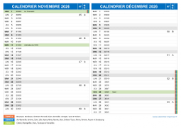 Calendrier scolaire pour Novembre et Décembre 2026 paysage 2