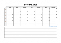 Calendrier octobre 2026 modele 07