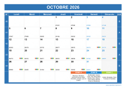 Calendrier octobre 2026 paysage avec vacances, jours fériés et numéros de semaine