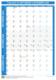 Calendrier scolaire pour Septembre à Novembre 2026 portrait 1