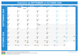 Calendrier scolaire pour Septembre et Octobre 2026 paysage 1