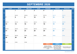 Calendrier septembre 2026 paysage avec vacances, jours fériés et numéros de semaine