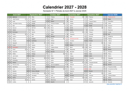 Calendrier Août 2027 à Juillet 2028 Semestre Fêtes