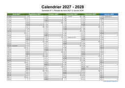 Calendrier Août 2027 à Juillet 2028 Semestre