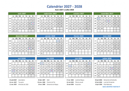 Calendrier Août 2027 à Juillet 2028 Vacances Horizontal