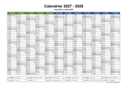 Calendrier Août 2027 à Juillet 2028 Vierge