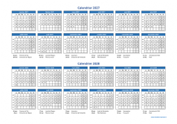 Calendrier Janvier 2027 à Décembre 2028 Horizontal Modèle 01