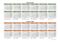 Calendrier Janvier 2027 à Décembre 2028 Horizontal Modèle 02