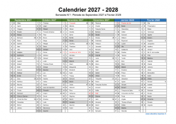 Calendrier Septembre 2027 à Août 2028 Semestre Fêtes