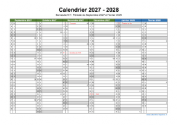 Calendrier Septembre 2027 à Août 2028 Semestre