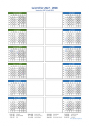 Calendrier Septembre 2027 à Août 2028 Vertical 2 Colonnes