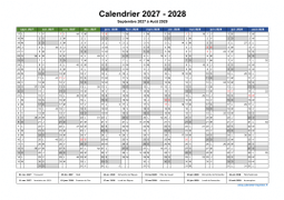 Calendrier Septembre 2027 à Août 2028 Vierge