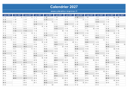 Calendrier 2027 avec numéros de semaine