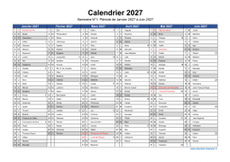 Calendrier 2027 par semestre avec fêtes