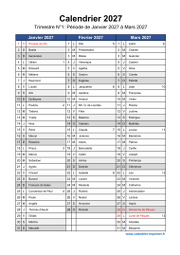 Calendrier 2027 par trimestre avec fêtes