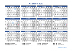 Calendrier Annuel 2027 Vacances Horizontal