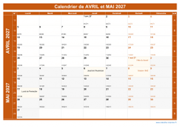 Calendrier pour les mois de Avril et Mai 2027 paysage 1