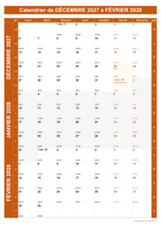Calendrier pour les mois de Décembre 2027 à Février 2028 portrait 1