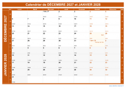 Calendrier pour les mois de Décembre 2027 et Janvier 2028 paysage 1