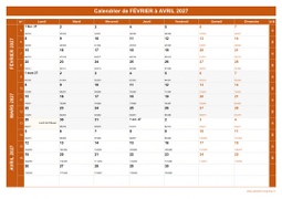 Calendrier pour les mois de Février à Avril 2027 paysage 1