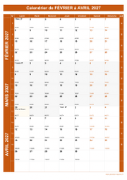 Calendrier pour les mois de Février à Avril 2027 portrait 1