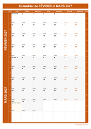 Calendrier pour les mois de Février et Mars 2027 portrait 1