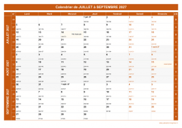 Calendrier pour les mois de Juillet à Septembre 2027 paysage 1