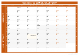 Calendrier pour les mois de Juin et Juillet 2027 paysage 1