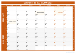 Calendrier pour les mois de Mai et Juin 2027 paysage 1