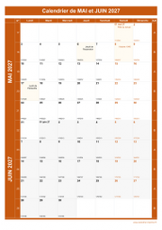 Calendrier pour les mois de Mai et Juin 2027 portrait 1