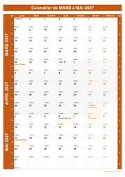 Calendrier pour les mois de Mars à Mai 2027 portrait 1