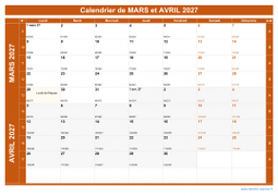 Calendrier pour les mois de Mars et Avril 2027 paysage 1
