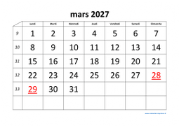 calendrier mars 2027