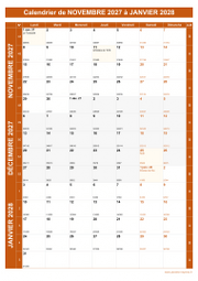 Calendrier pour les mois de Novembre 2027 à Janvier 2028 portrait 1