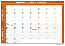 Calendrier pour les mois de Octobre et Novembre 2027 paysage 1