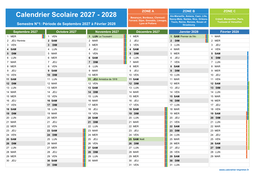 Calendrier scolaire 2027-2028 avec jours fériés à imprimer - 1er et 2nd semestre