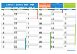 Calendrier scolaire 2027-2028 à imprimer - 1er et 2nd semestre
