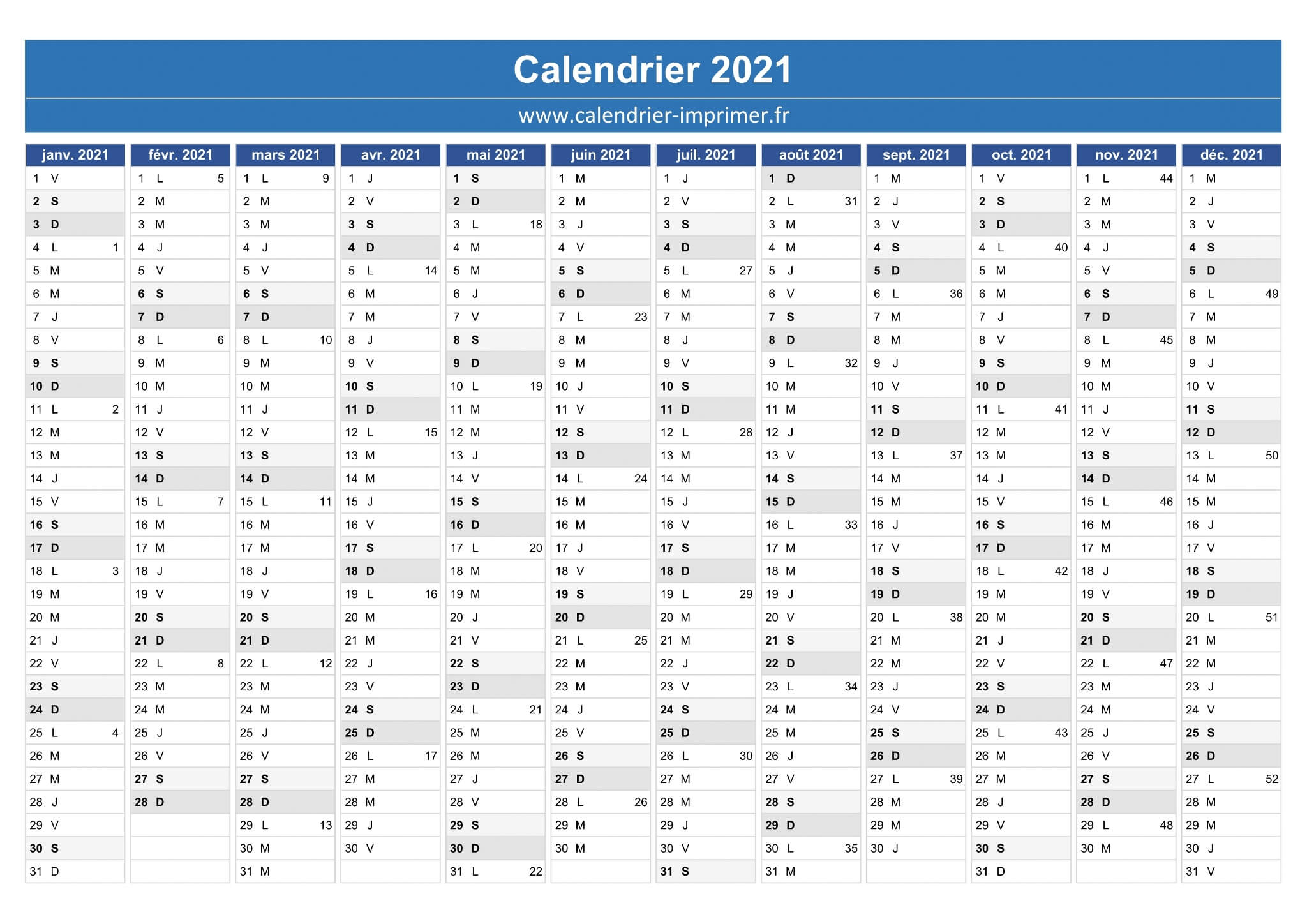 Calendrier 2021 à télécharger au format Excel et PDF