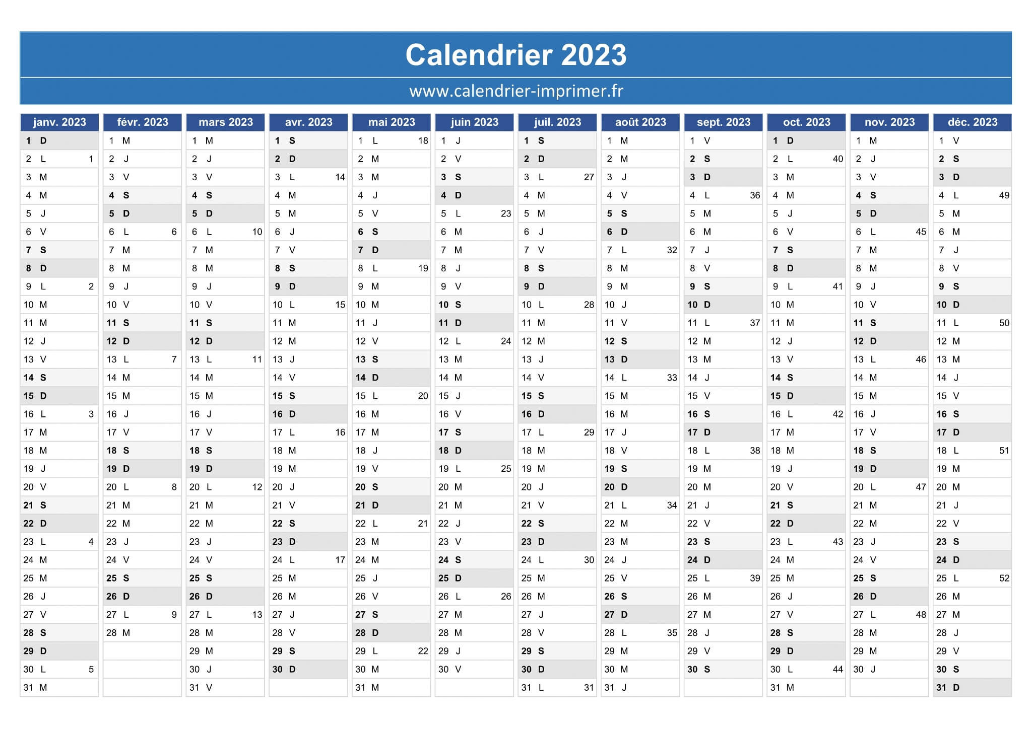 Calendrier 2023 à imprimer PDF et Excel