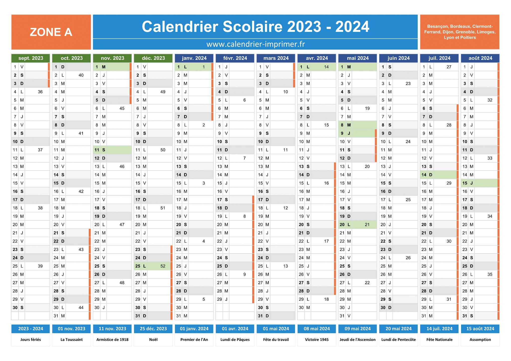 Calendrier 2024 avec jours fériés en France et numéro des semaines
