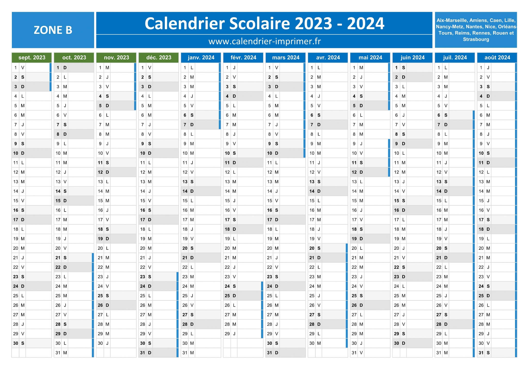 Calendrier Scolaire 2023-2024 à imprimer