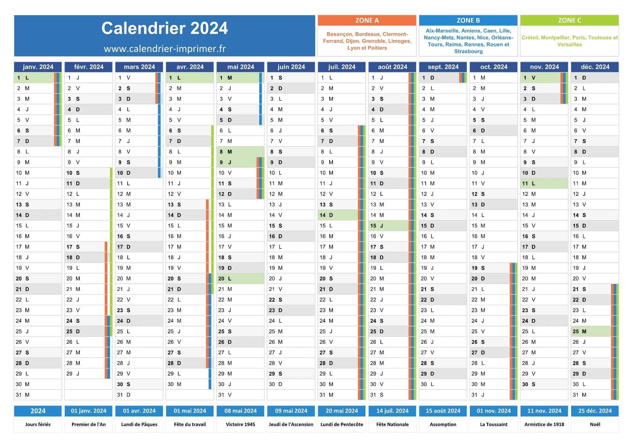 Calendrier 2024 à imprimer - Agenda 2024 gratuit - Planitica