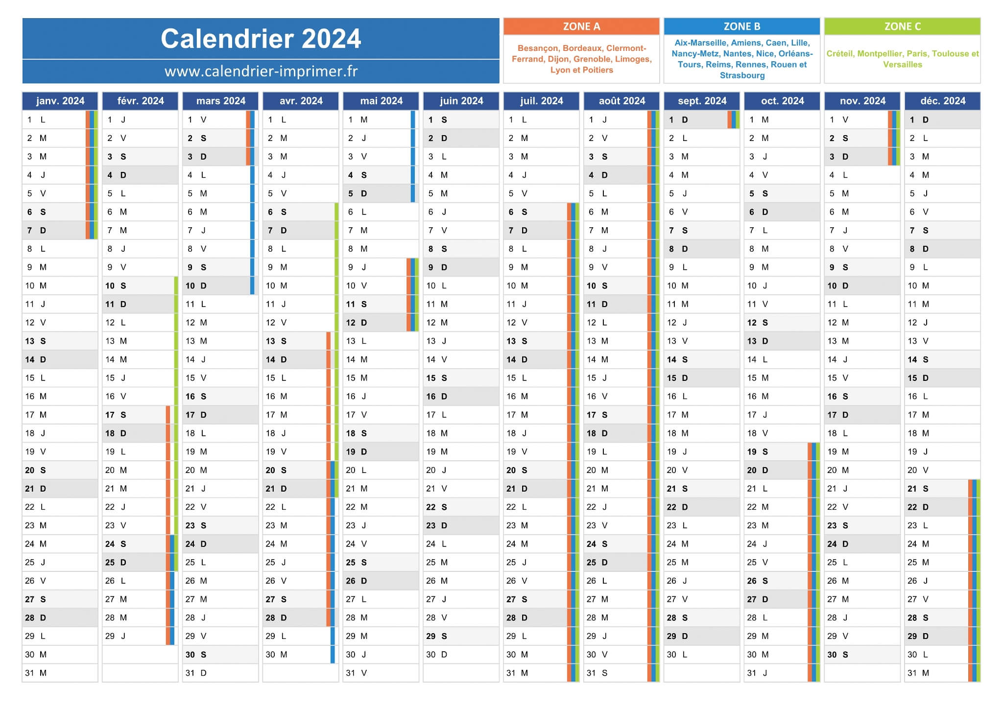 Aperçu de l'année 2024 et dates importantes à imprimer Calendrier 2024,  Agenda 2024, Présentation 2024, Classique, A5 Demi-format A4 Lettre -   France