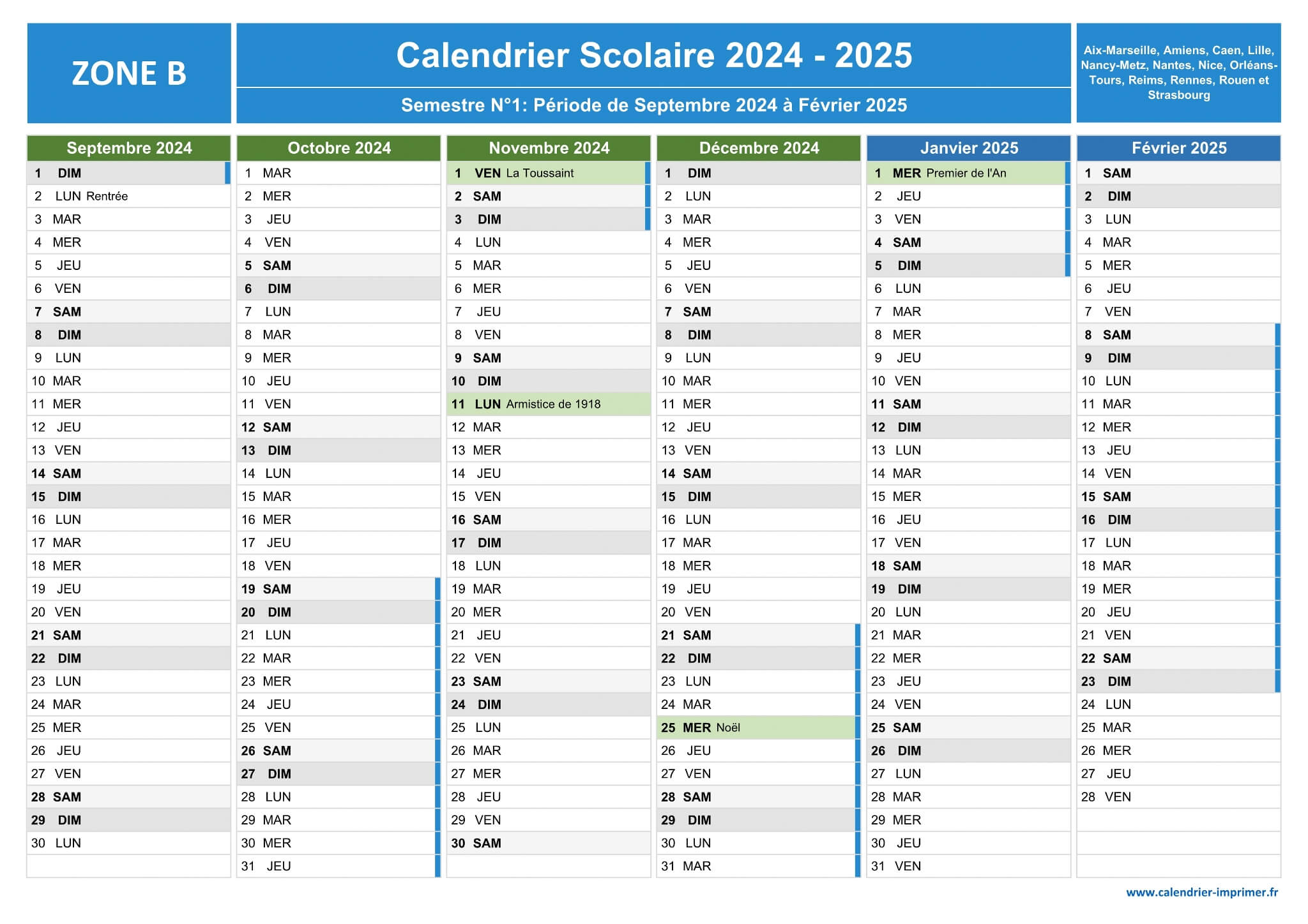 Calendrier 2024 avec vacances scolaires et jours fériés à imprimer