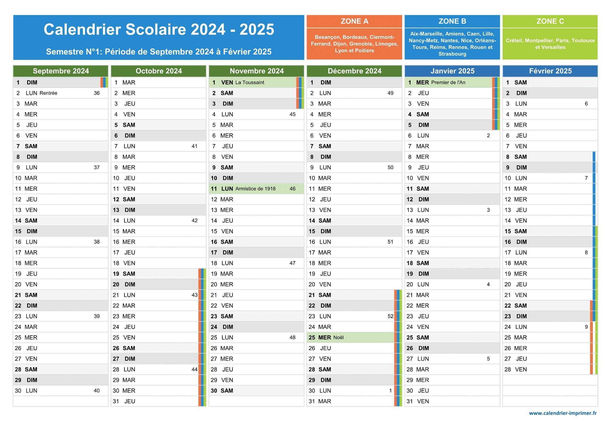 Calendrier Scolaire 2024-2025 à imprimer