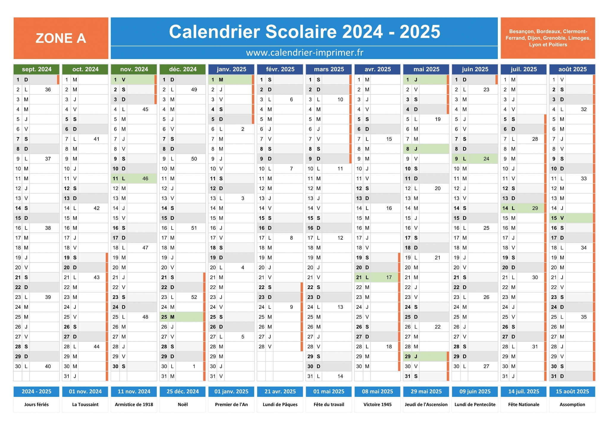 Calendrier scolaire 2024-2025, calques, vacances scolaires, Saints, 12 mois  Stock Vector
