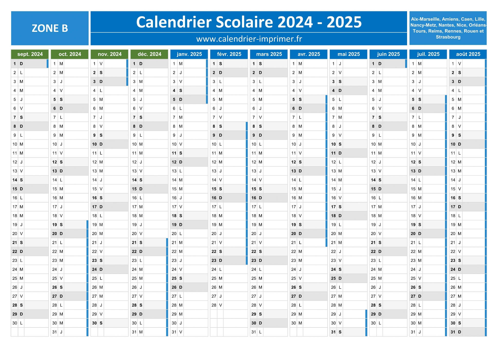 Calendrier Scolaire 2024-2025 à imprimer