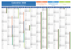 Calendrier 2026 avec vacances scolaires pour les zones A, B, C